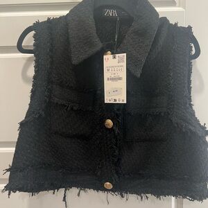 Zara Black cropped Tweed Vest with Gold Accents